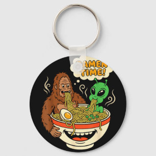 Ramen time funny bigfoot and alien slurping key ring