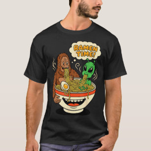 Ramen time funny bigfoot and alien slurping T-Shirt