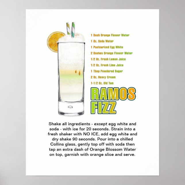 Ramos Gin Fizz Cocktail Recipe Art 16"x20" Poster (Front)