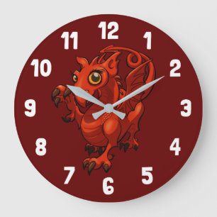 Rampant Little Welsh Baby Red Dragon Cartoon Large Clock