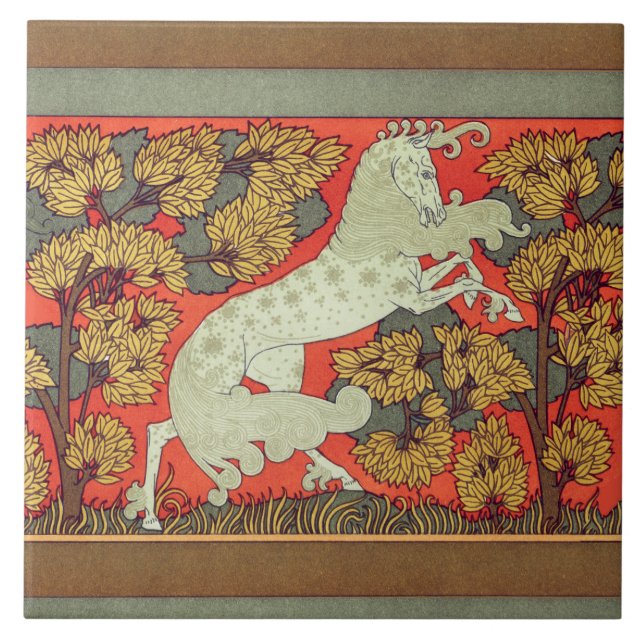 RAMPANT WHITE HORSE,TREES IN WOODLAND Art Nouveau Ceramic Tile (Front)