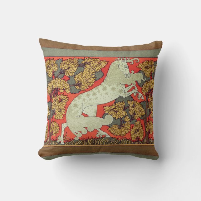 RAMPANT WHITE HORSE,TREES IN WOODLAND Art Nouveau Cushion (Front)