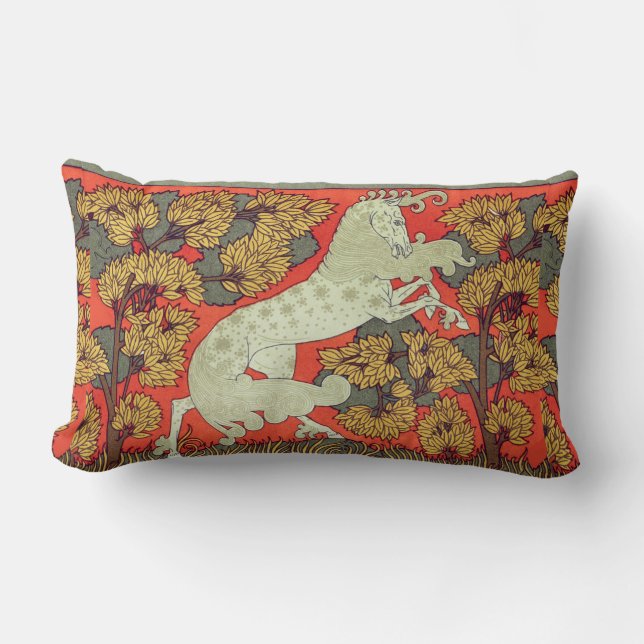RAMPANT WHITE HORSE,TREES IN WOODLAND Art Nouveau  Lumbar Cushion (Front)