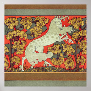 RAMPANT WHITE HORSE,TREES IN WOODLAND Art Nouveau  Poster