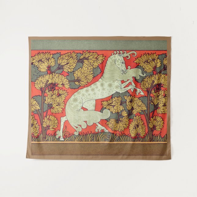 RAMPANT WHITE HORSE,TREES IN WOODLAND Art Nouveau Tapestry (Front (Horizontal))
