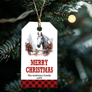 Ranch Christmas tag with horse carriage red green