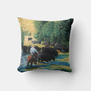 Ranch horse and Angus cattle herd drive and river Cushion