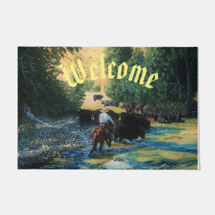 Ranch horse,Angus cattle herd at river- cartooned Doormat
