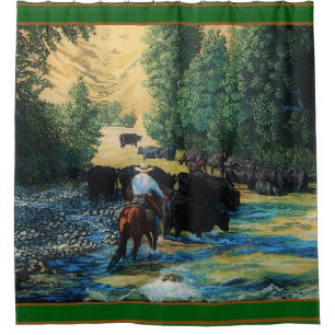 Ranch horse,Angus cattle herd at river - cartooned Shower Curtain