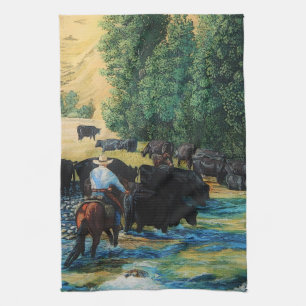 Ranch horse,Angus cattle herd at river- cartooned Tea Towel