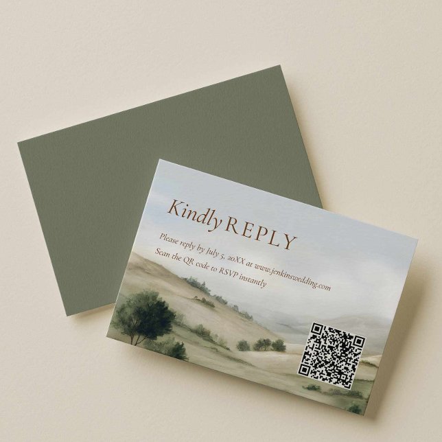 Ranch Outdoor Wedding RSVP QR Code Card (Old Money Country Western Rsvp with QR Code Card)