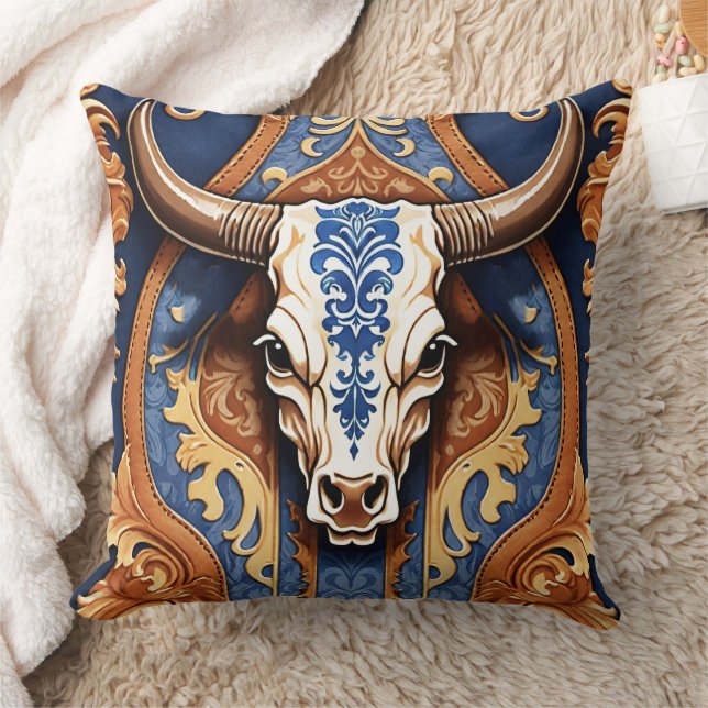 Ranch Style Western Tooled Leather Cow Head Cushion (Blanket)