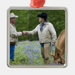 Ranchers shaking hands across the fencing in metal tree decoration