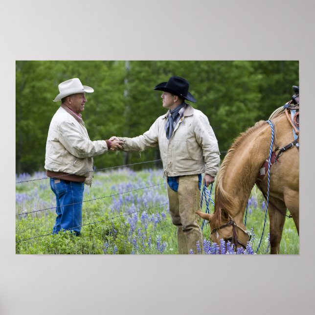 Ranchers shaking hands across the fencing in poster (Front)
