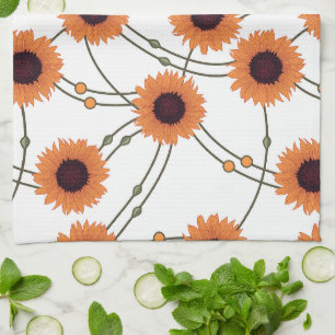 Random Art Nouveau Sunflowers Retro Floral Orange Tea Towel