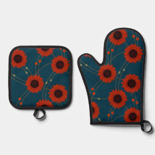 Random Art Nouveau Sunflowers Retro Floral Red Oven Mitt & Pot Holder Set