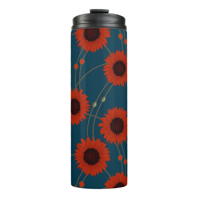 Random Art Nouveau Sunflowers Retro Floral Red Thermal Tumbler (Front)