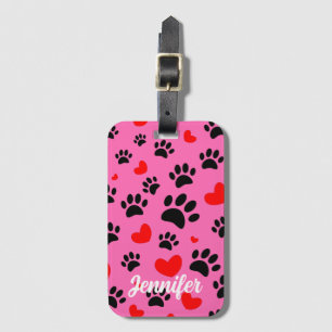Random Cartoon Dog Paw Prints And Red Hearts Luggage Tag