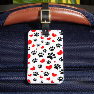 Random Cartoon Dog Paw Prints And Red Hearts Luggage Tag