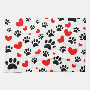 Random Cartoon Dog Paw Prints And Red Hearts Tea Towel