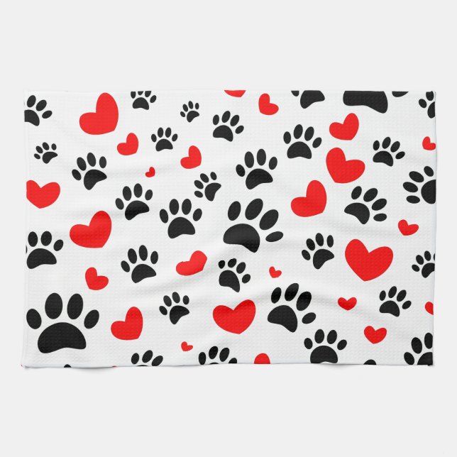 Random Cartoon Dog Paw Prints And Red Hearts Tea Towel (Horizontal)