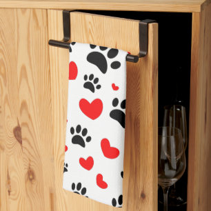 Random Cartoon Dog Paw Prints And Red Hearts Tea Towel