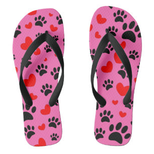Random Cartoon Dog Paw Prints And Red Hearts Thongs
