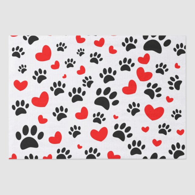 Random Cartoon Dog Paw Prints And Red Hearts Tissue Paper (Front)