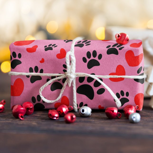 Random Cartoon Dog Paw Prints And Red Hearts Wrapping Paper Sheet (Creator Uploaded)