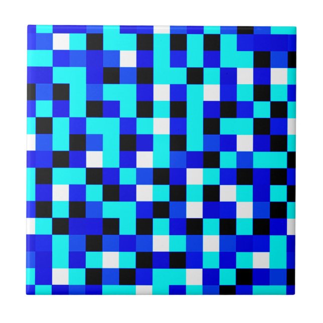 Random Chequered Pixel Art - Blue & White Ceramic Tile (Front)
