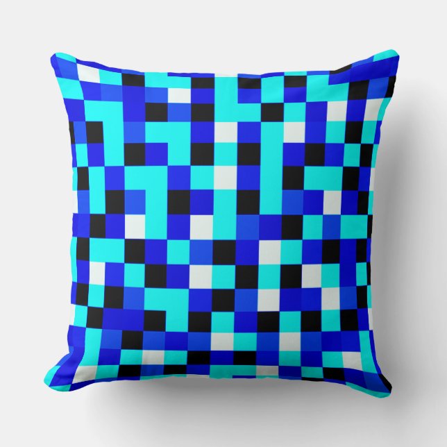 Random Chequered Pixel Art - Blue & White Cushion (Front)