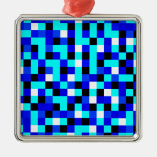 Random Chequered Pixel Art - Blue & White Metal Ornament