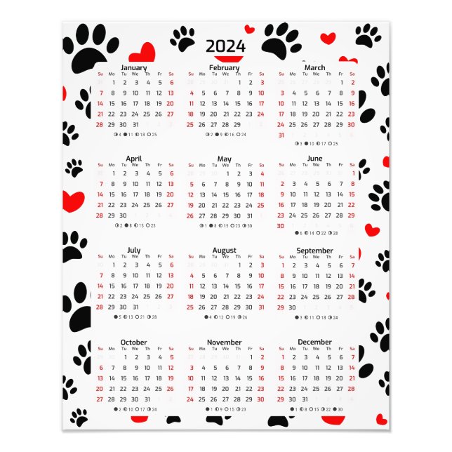 Random Dog Paw Prints And Red Hearts 2024 Calendar (Front)