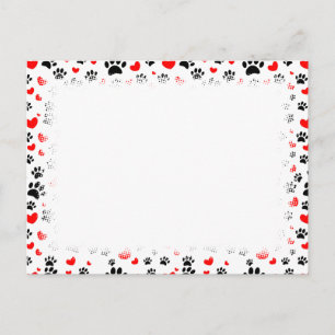 Random Dog Paw Prints And Red Hearts Border Pet Postcard