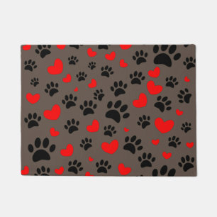 Random Dog Paw Prints And Red Hearts Brown Doormat