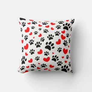 Random Dog Paw Prints And Red Hearts Cushion