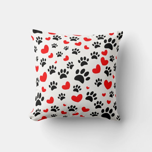 Random Dog Paw Prints And Red Hearts Cushion (Front)
