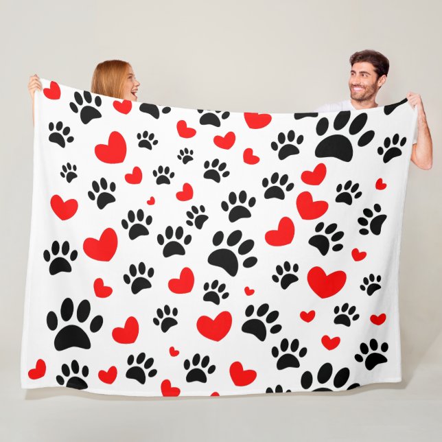 Random Dog Paw Prints And Red Hearts Fleece Blanket (In Situ)