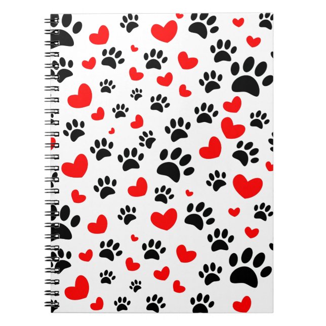 Random Dog Paw Prints And Red Hearts Notebook (Front)