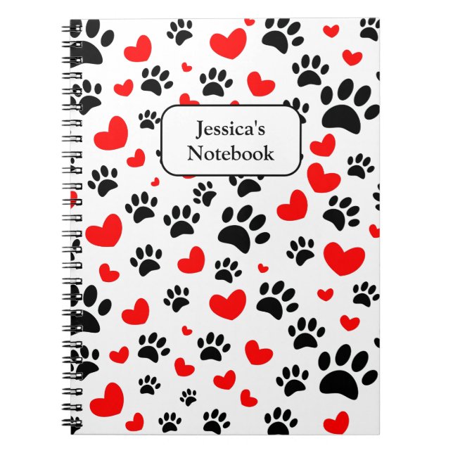 Random Dog Paw Prints And Red Hearts Notebook (Front)