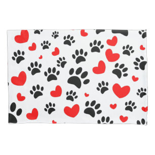 Random Dog Paw Prints And Red Hearts Pillowcase
