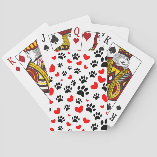 Random Dog Paw Prints And Red Hearts Playing Cards (Back)