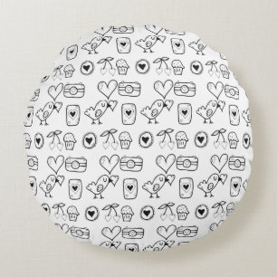 Random Doodles Birds, Hearts and Cherry Pattern Round Cushion