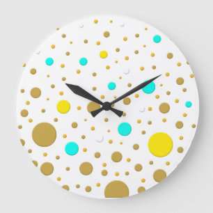 Random Dots Yellow Turqoise White Gold Large Clock