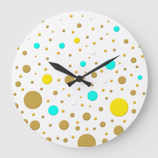 Random Dots Yellow Turqoise White Gold Large Clock (Front)