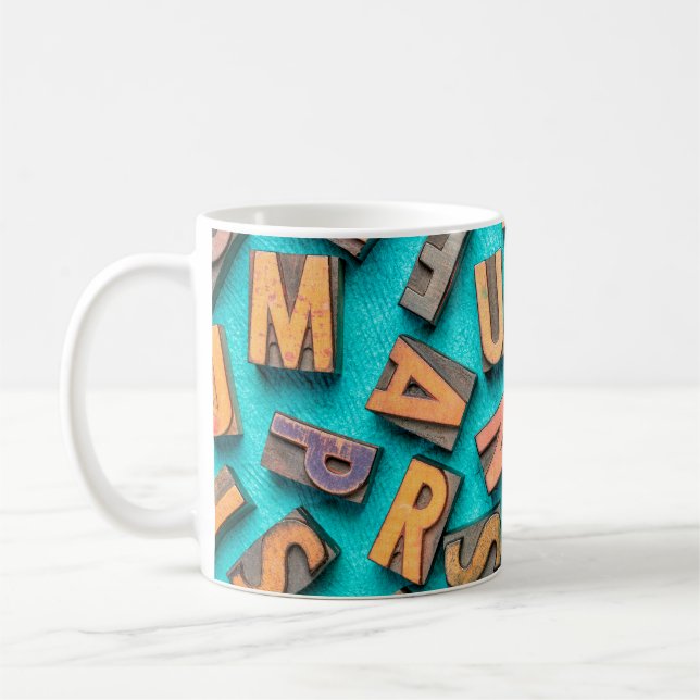 random letters overhead background - vintage lette coffee mug (Left)
