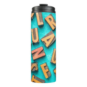 random letters overhead background - vintage lette thermal tumbler