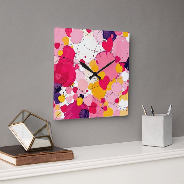 "Random Love Thoughts" - Colourful Abstract Square Wall Clock (Office)