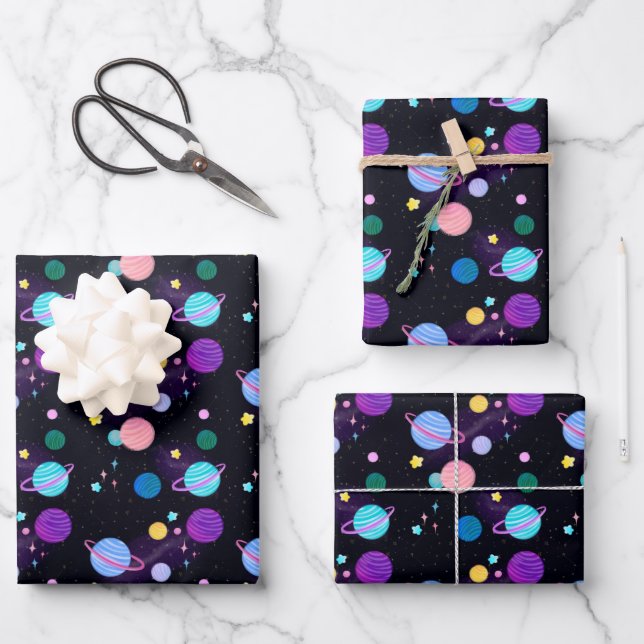 Random Painted Planets Stars Suns Astrology Wrapping Paper Sheet (Front)