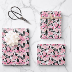 Random Pink Flowers Faux Zebra Stripes Pattern Wrapping Paper Sheet